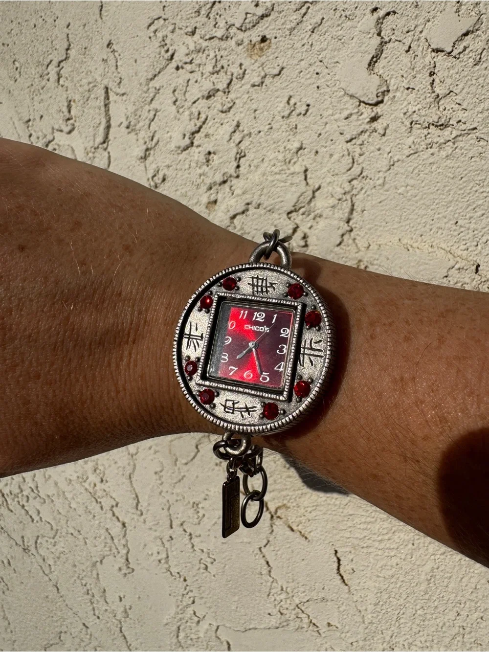 Vintage Silver Bracelet Watch with Red Dial and Red Accents